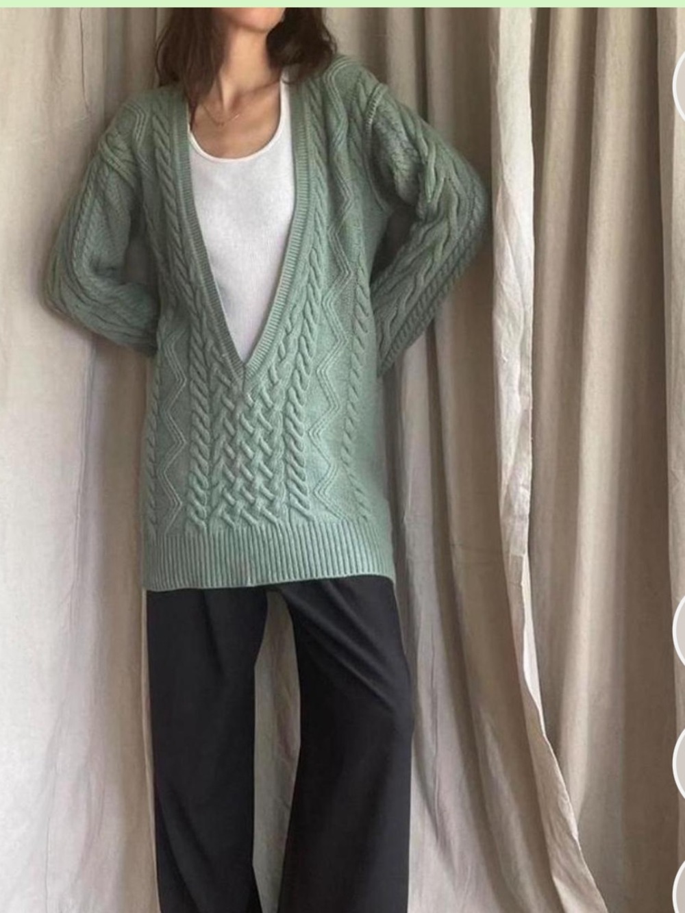 Chloe Italy Ladies Merino Wool Sage Green Cable Tunic Sweater-XS